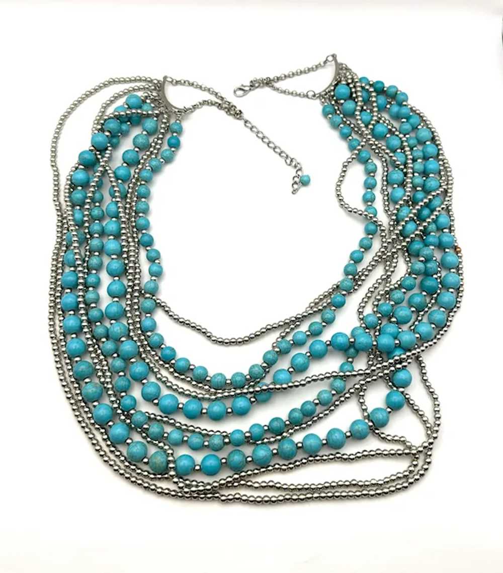 Multi Strand Faux Turquoise and Silvertone Beaded… - image 9