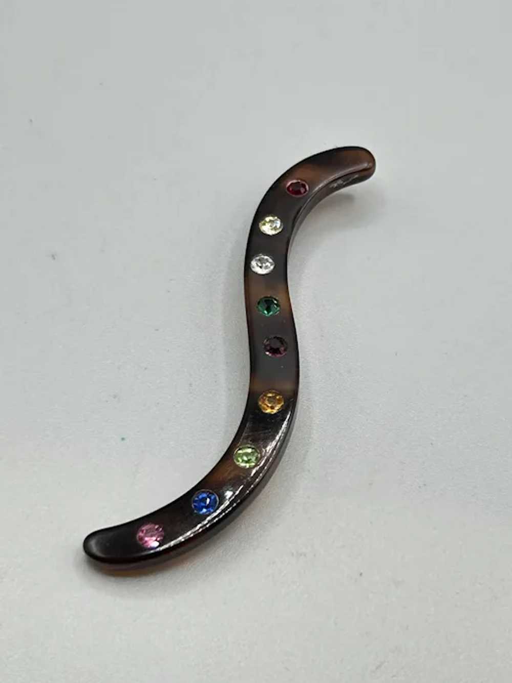 Vintage Celluloid Squiggle Shaped Pin Brooch Rhin… - image 2