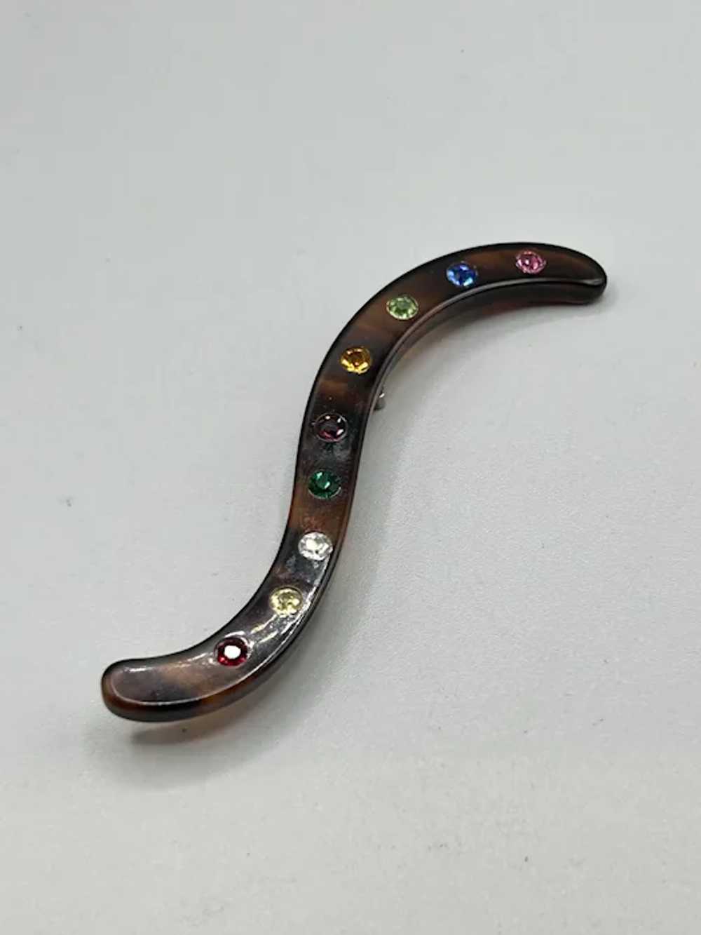 Vintage Celluloid Squiggle Shaped Pin Brooch Rhin… - image 4