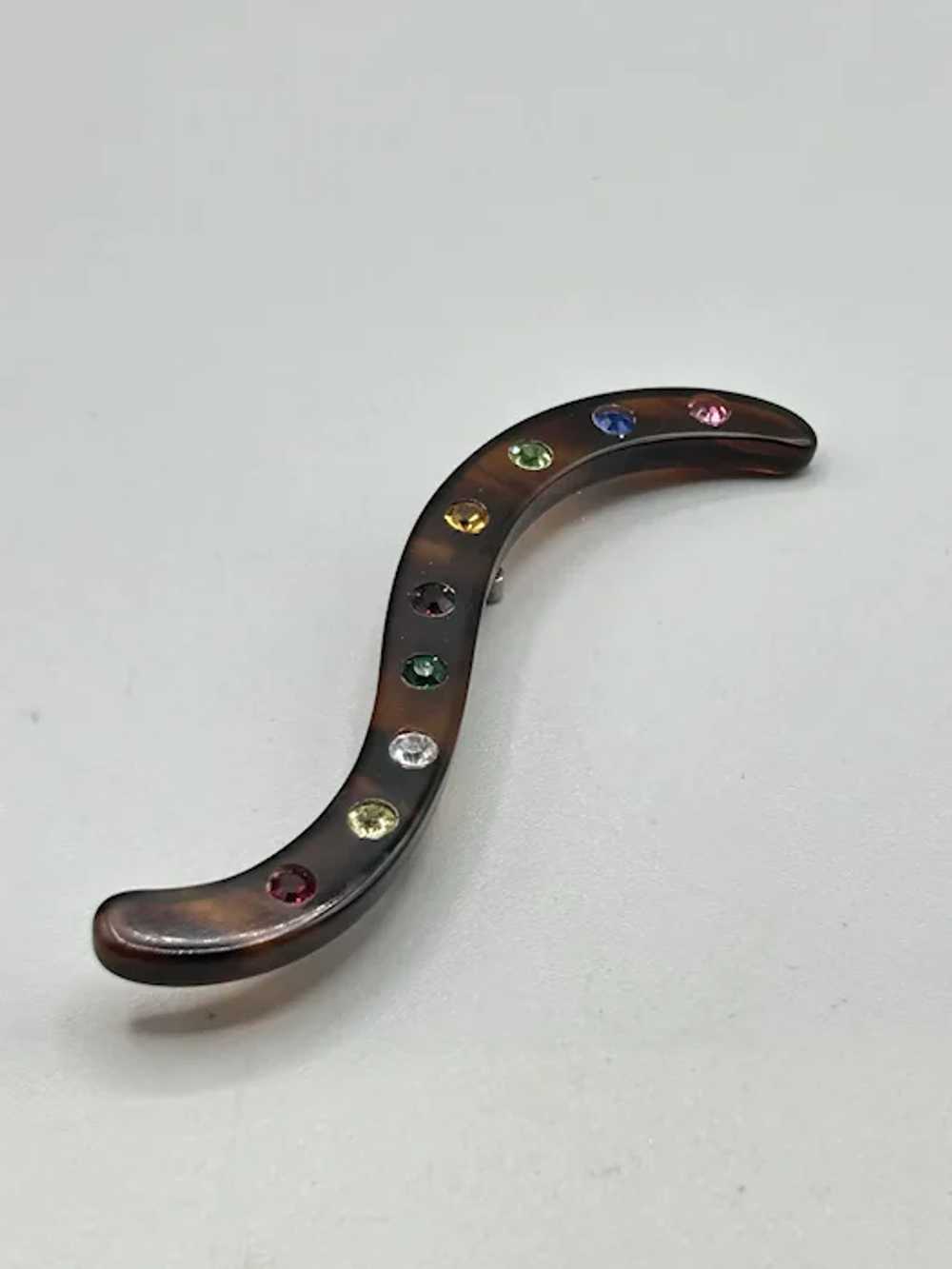 Vintage Celluloid Squiggle Shaped Pin Brooch Rhin… - image 5