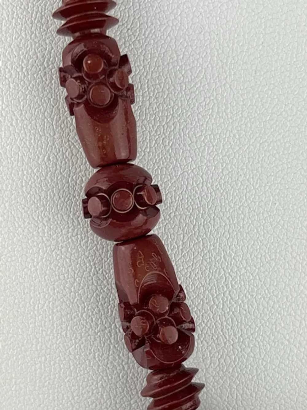 Vintage Carved Chinese Red Lacquer Shou Bead Neck… - image 4