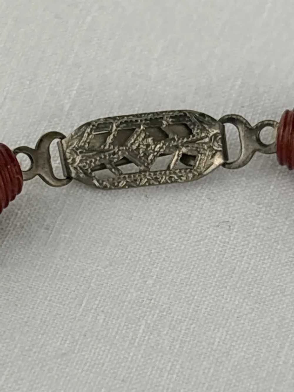 Vintage Carved Chinese Red Lacquer Shou Bead Neck… - image 7