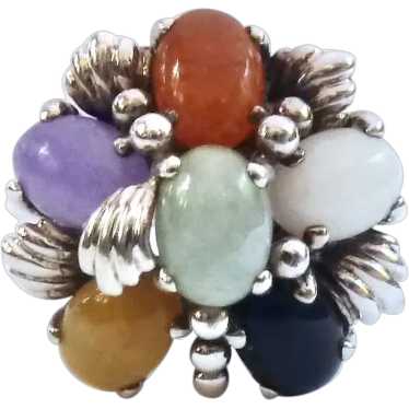 Sterling Silver 925 Multi-Color Jade Cabochon Ring