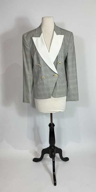 1990s Louis Feraud Grey Plaid Wool Pearl Button Bl