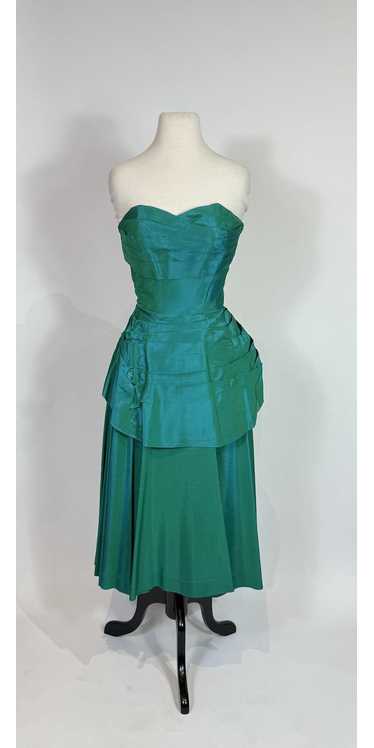 1950s Green Iridescent Silk Taffeta Strapless Part
