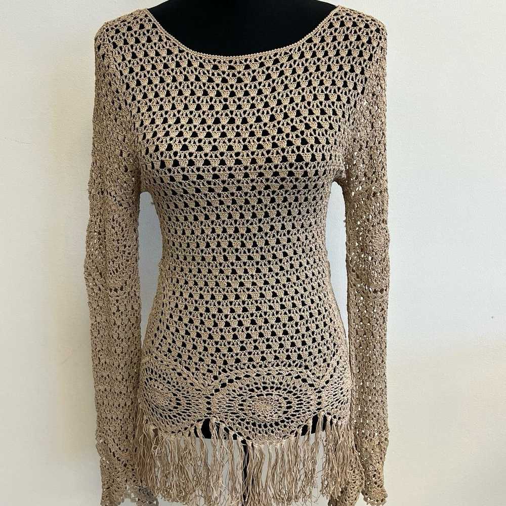 Vintage Tan crocheted long sleeve fringe top - image 1