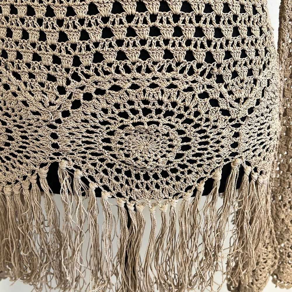 Vintage Tan crocheted long sleeve fringe top - image 2