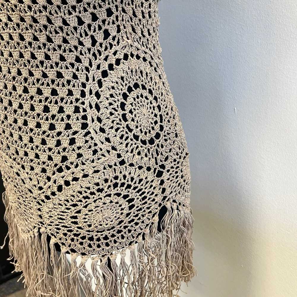 Vintage Tan crocheted long sleeve fringe top - image 3