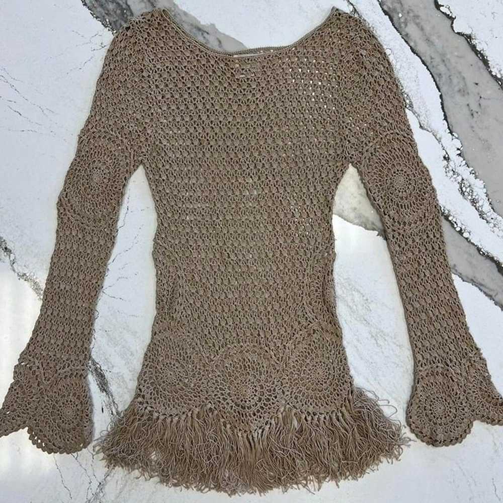 Vintage Tan crocheted long sleeve fringe top - image 4