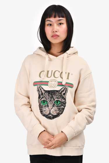 Gucci Cream Sequin Embellished Cat Hooded Sweater 