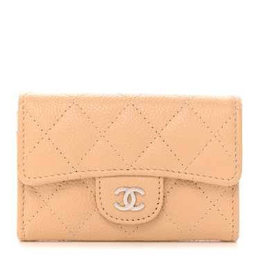 CHANEL Caviar Quilted Flap Card Holder Wallet Beig