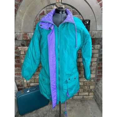 coat winter fleece lined 1980s aqua blue purple