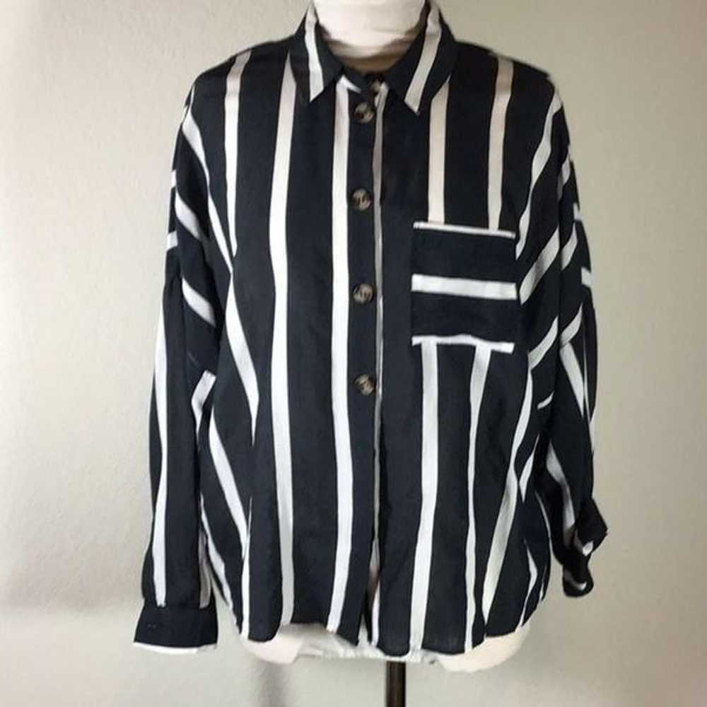 Topshop Blouse Navy White Wide Stripe Button Up B… - image 1