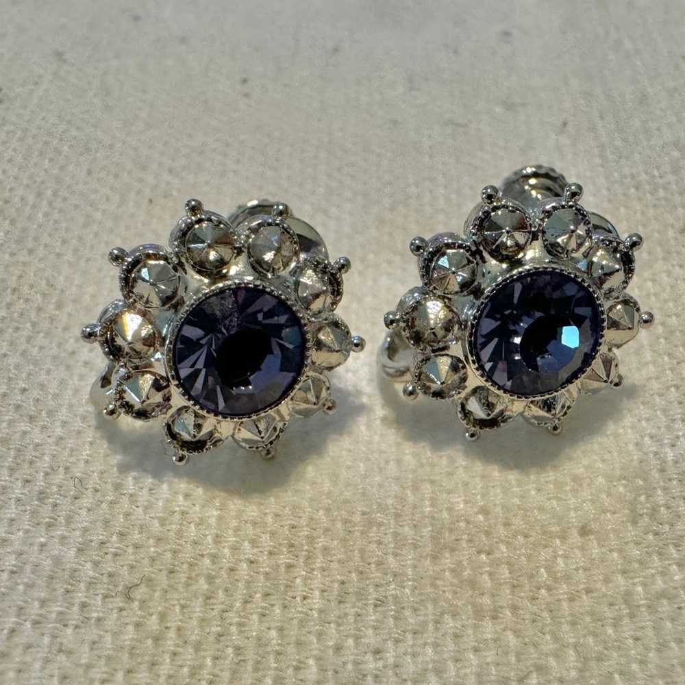 Joan Rivers Purple Rhinestone Floral Earrings - F… - image 1