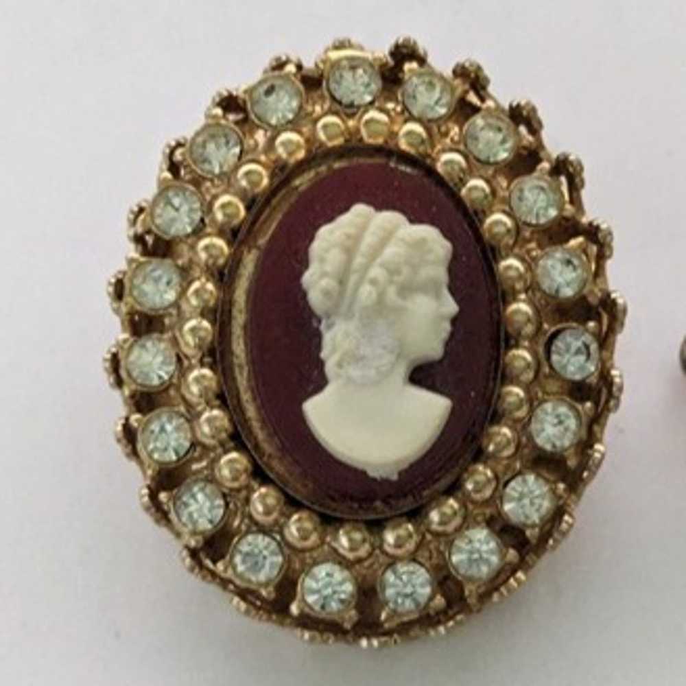 Vintage Signed CORO Cameo Rhinestone Brooch & Scr… - image 2