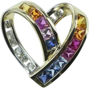10K Rainbow Sapphire Diamond Heart Loop Pendant Ye