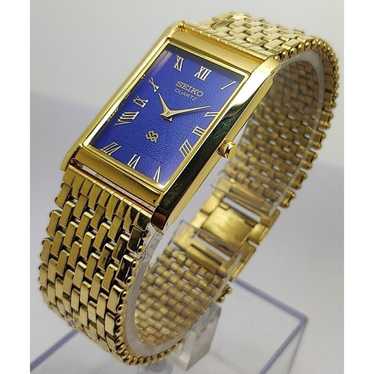 Vintage Style Seiko Quartz Mens Gold Watch & Blue 