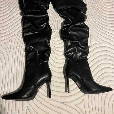 Faux leather thigh high heeled ruched boots