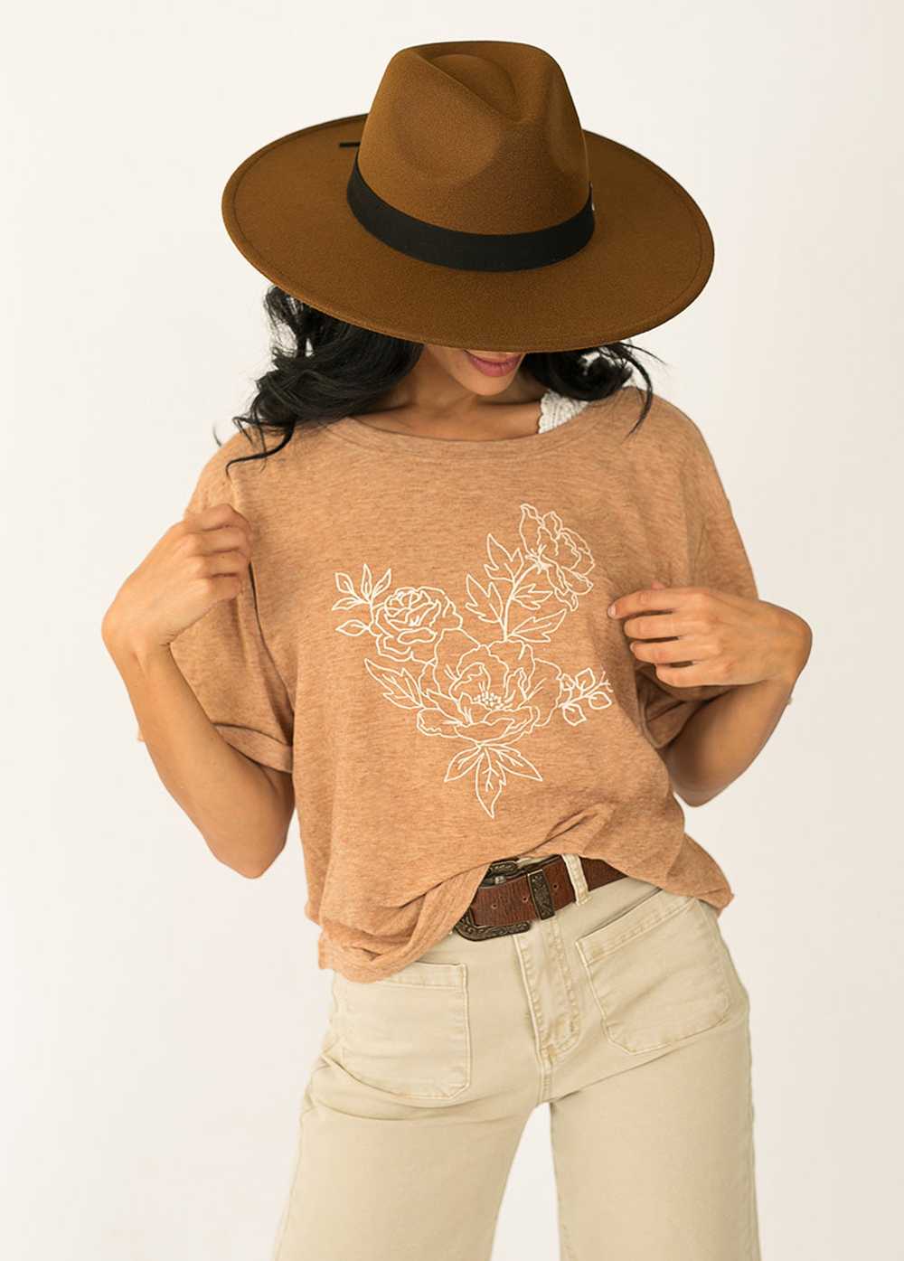 Joyfolie Stencil Floral Tee in Heather Acorn - image 3