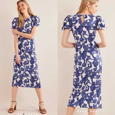 Boden blue and white puff sleeve jersey midi dress