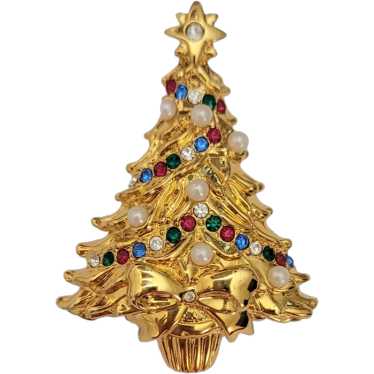 Trifari 1996 Rhinestone Faux Pearl Christmas Tree… - image 1