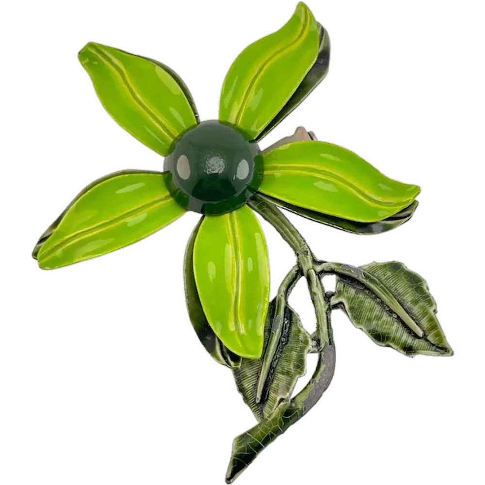 Flower Power 1970s Pin Brooch Vintage Enamel Gree… - image 1