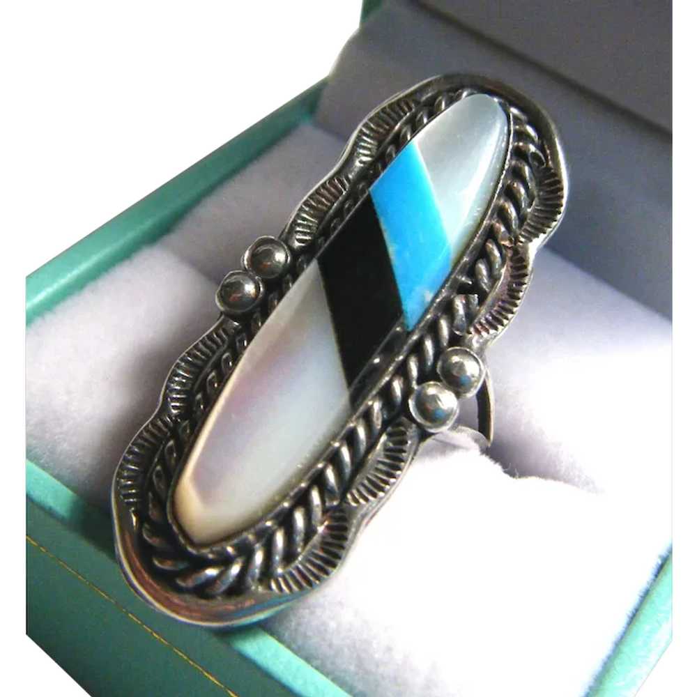Wide Vintage 'Old Pawn' Mother Pearl Onyx Turquoi… - image 1