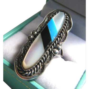 Wide Vintage 'Old Pawn' Mother Pearl Onyx Turquoi… - image 1