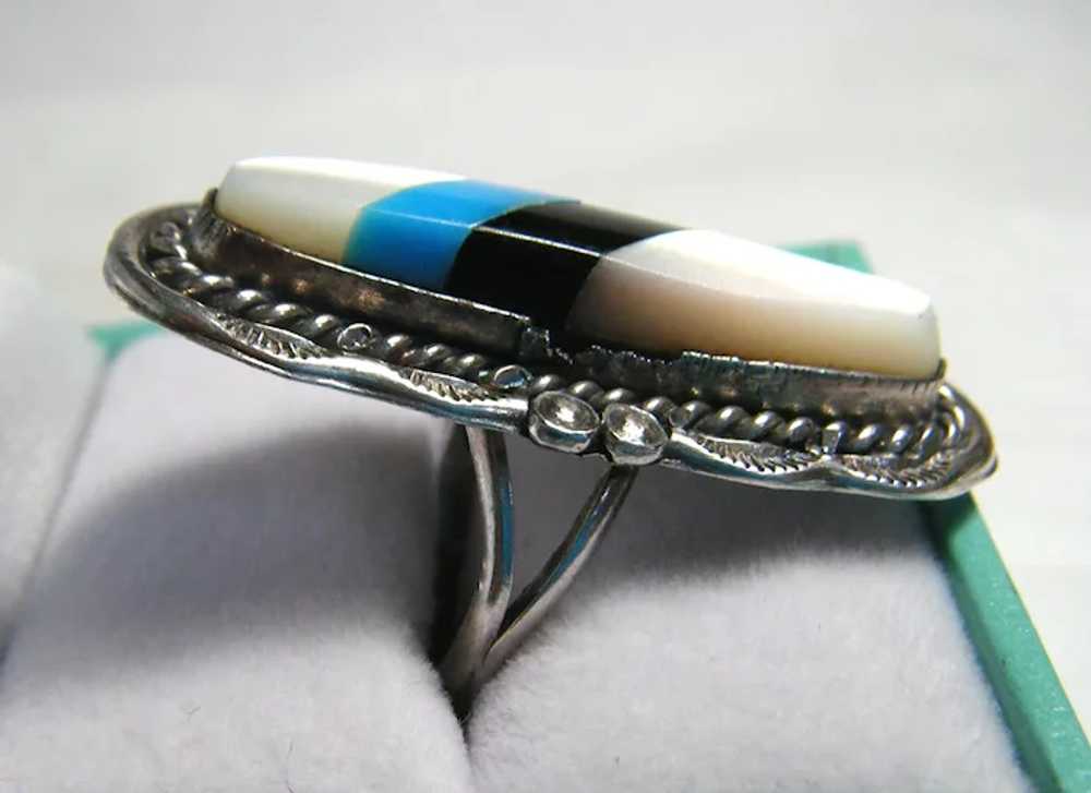 Wide Vintage 'Old Pawn' Mother Pearl Onyx Turquoi… - image 3