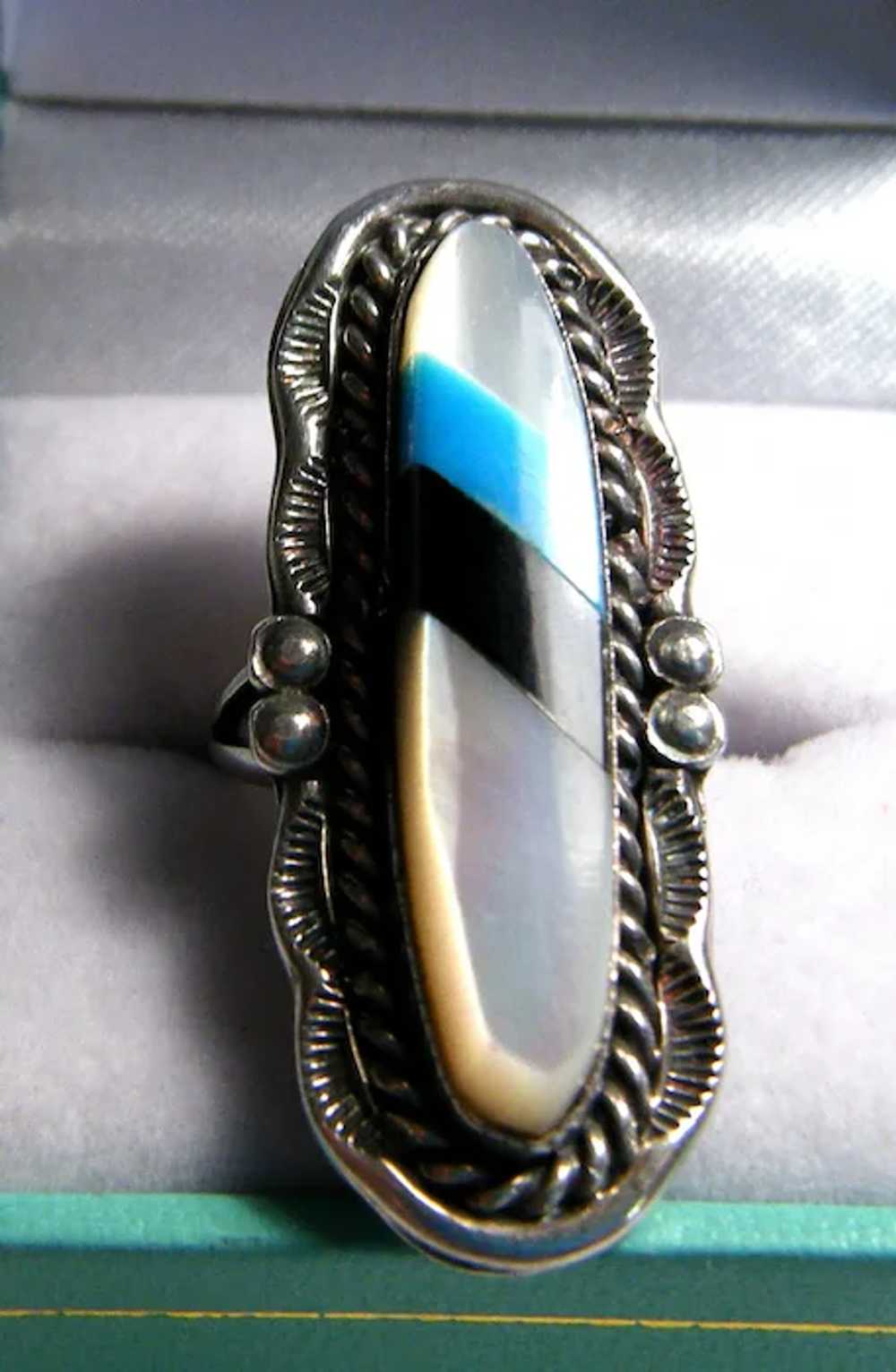 Wide Vintage 'Old Pawn' Mother Pearl Onyx Turquoi… - image 4