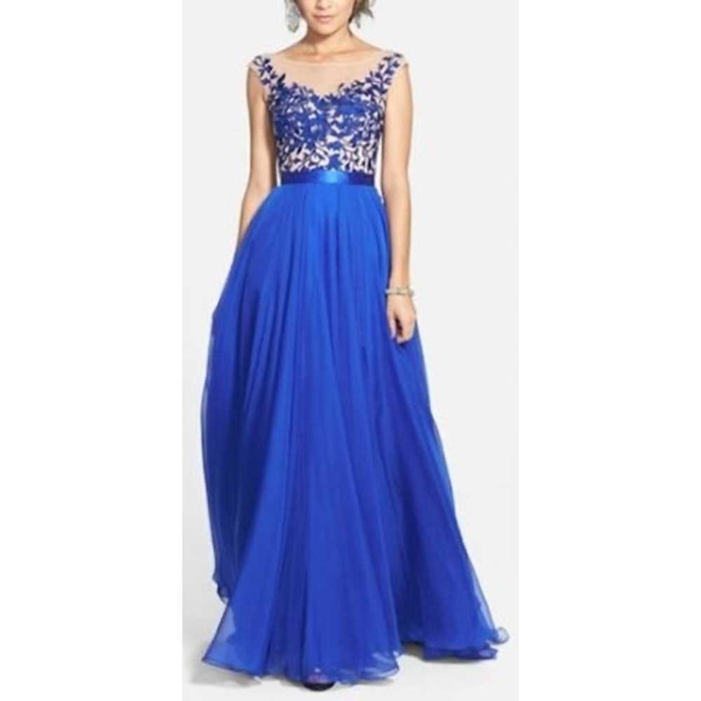 Sheri Hill Blue Floral Bodice Tulle Skirt Sleevel… - image 1