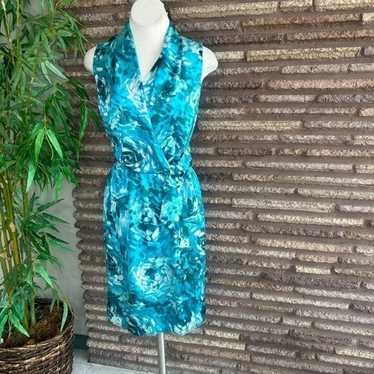 Armani Collezioni Aqua Blue Floral Faux Wrap Sleev
