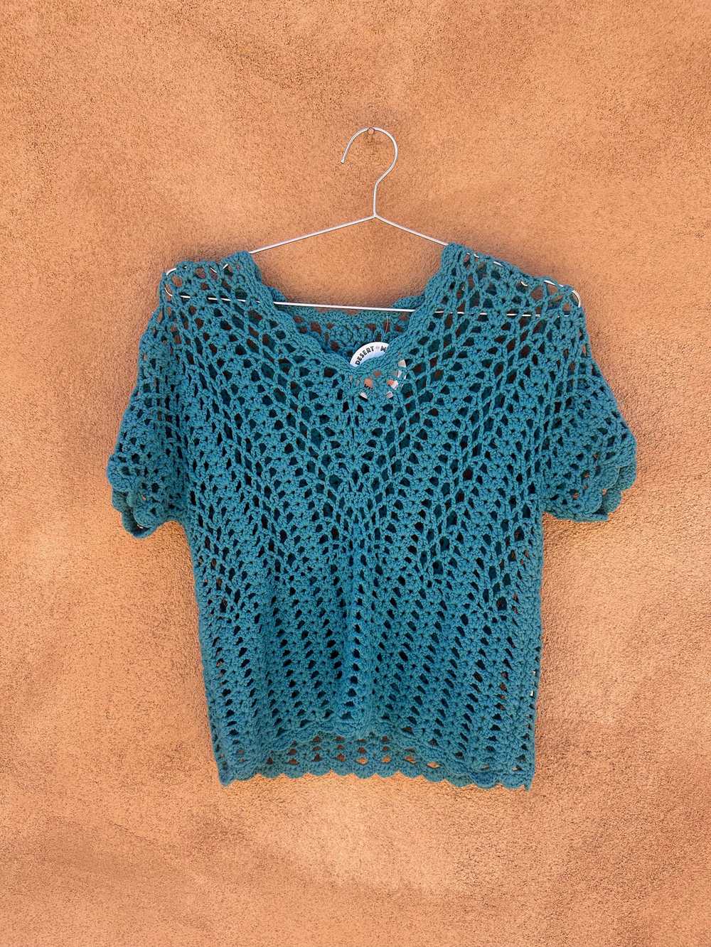 Blue Crochet Short Sleeve Sweater - image 1