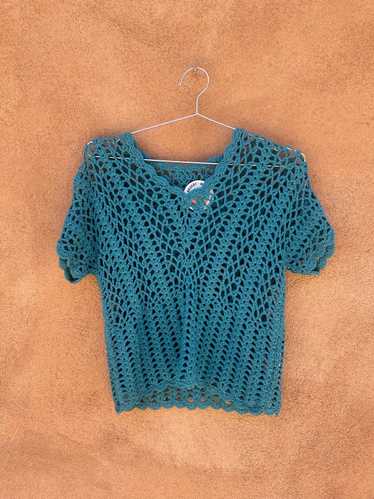 Blue Crochet Short Sleeve Sweater
