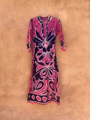Hand Dyed 1960's Pink & Blue Cotton Batik Dress