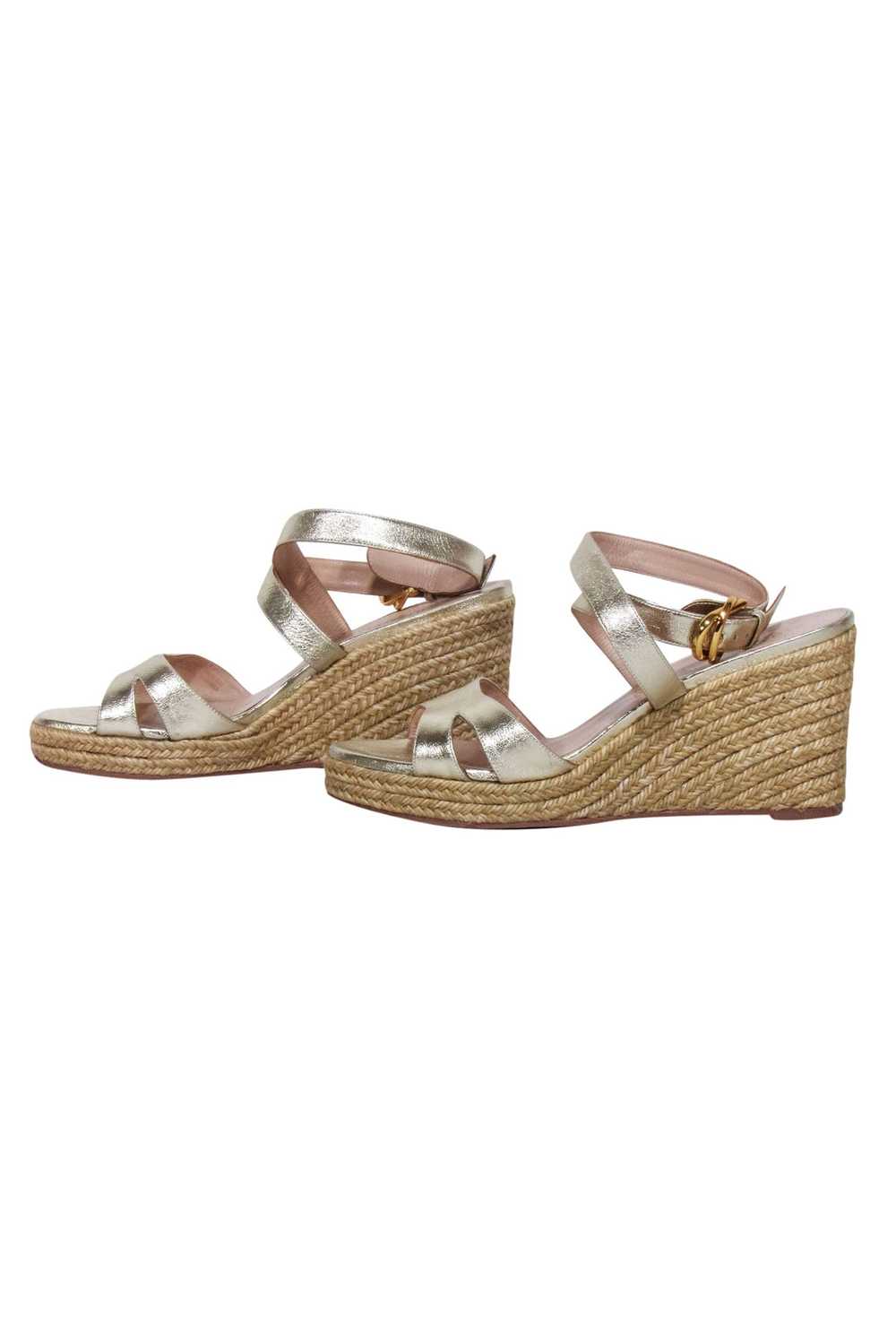 Stuart Weitzman - Gold Metallic Espadrille Wedges… - image 3