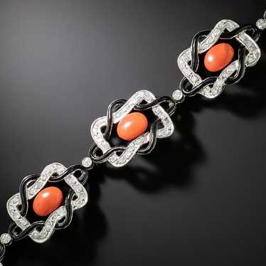 Art Deco Coral, Diamond and Black Enamel Bracelet
