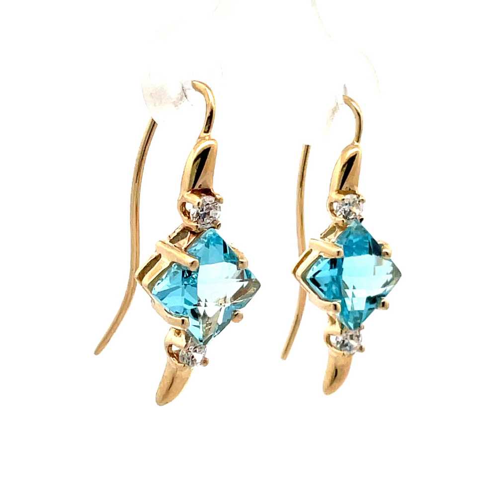 14K Yellow Gold Blue Topaz Checker Board Cut & CZ… - image 3