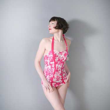 50s JANET DICKINSON PINK FLORAL SHIRRED SWIMSUIT … - image 1