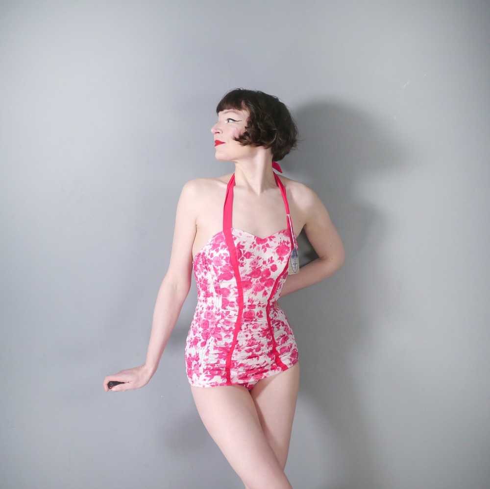 50s JANET DICKINSON PINK FLORAL SHIRRED SWIMSUIT … - image 2