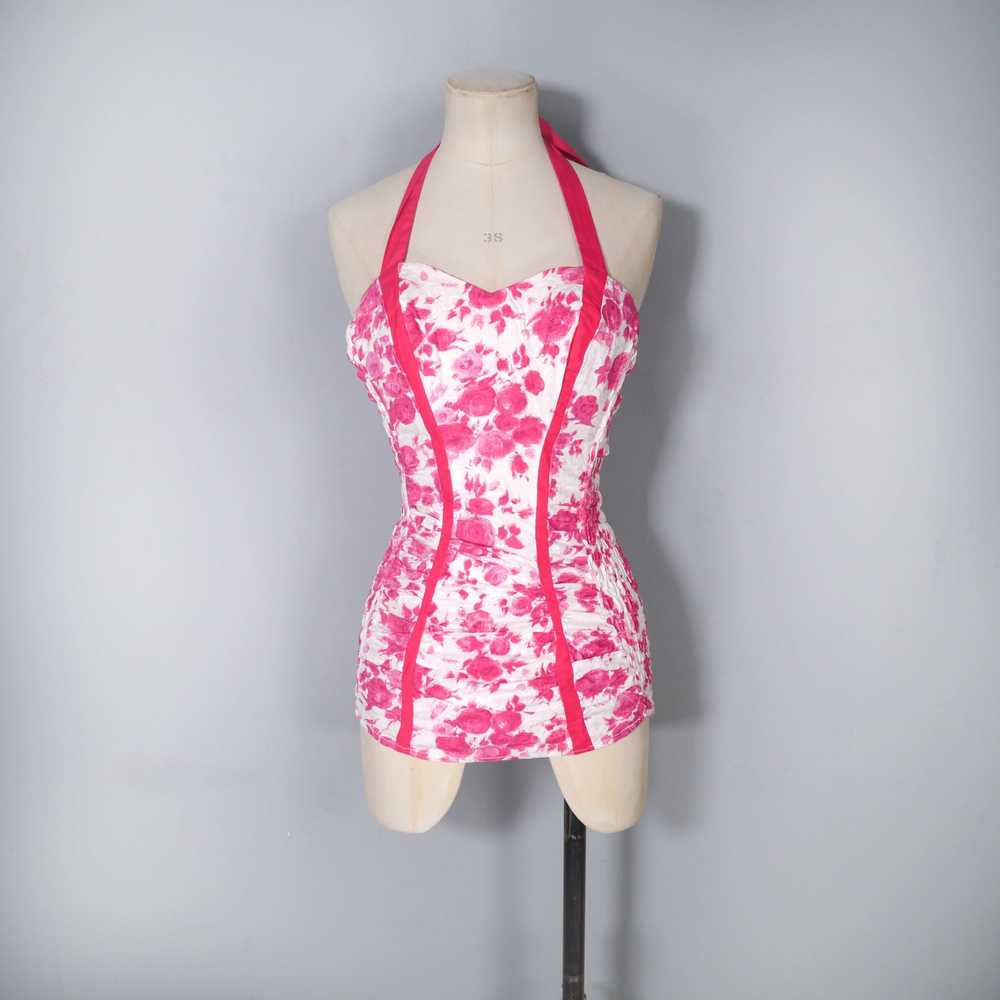 50s JANET DICKINSON PINK FLORAL SHIRRED SWIMSUIT … - image 3