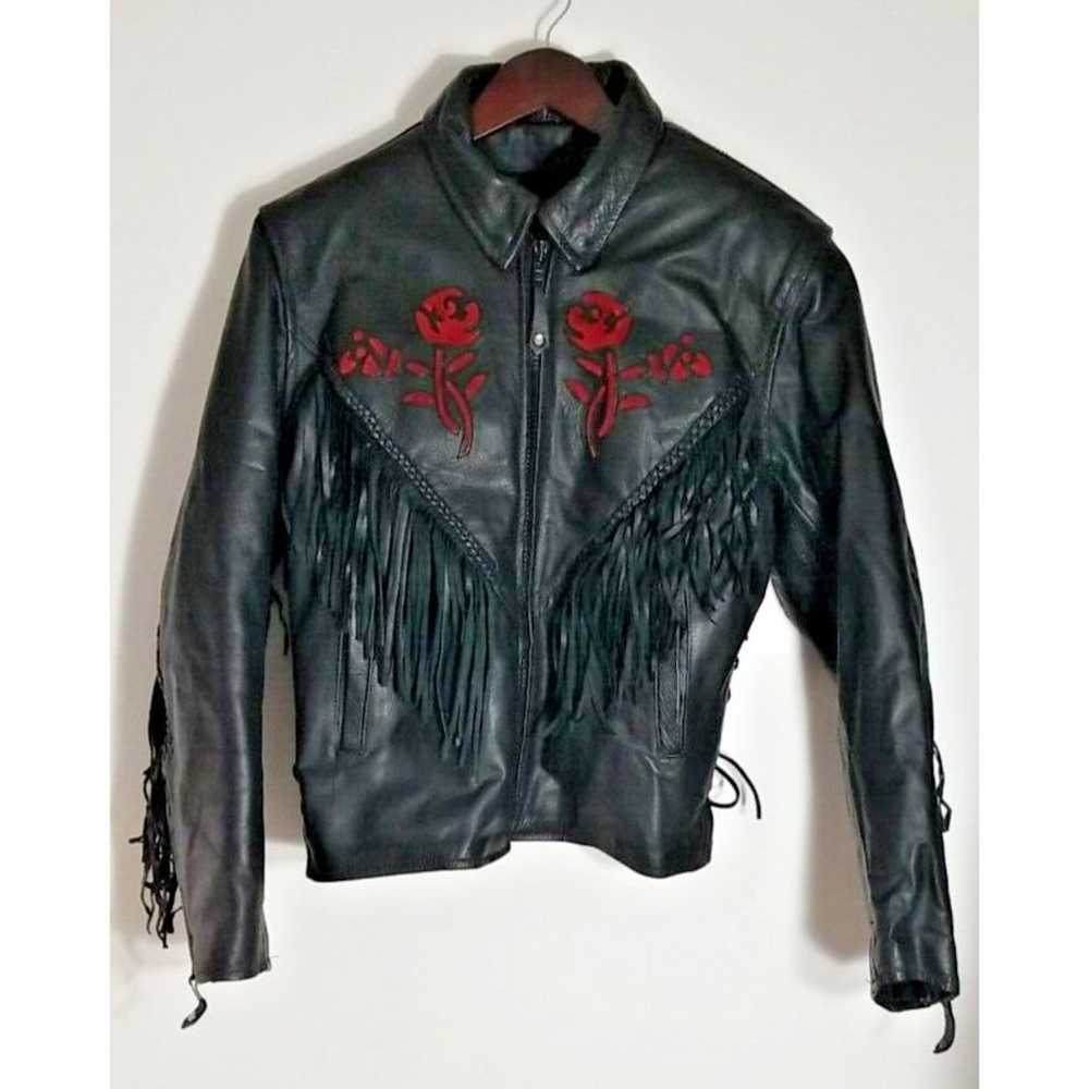 Genuine Leather LG Motorcycle Jacket Fringe Rose … - image 1