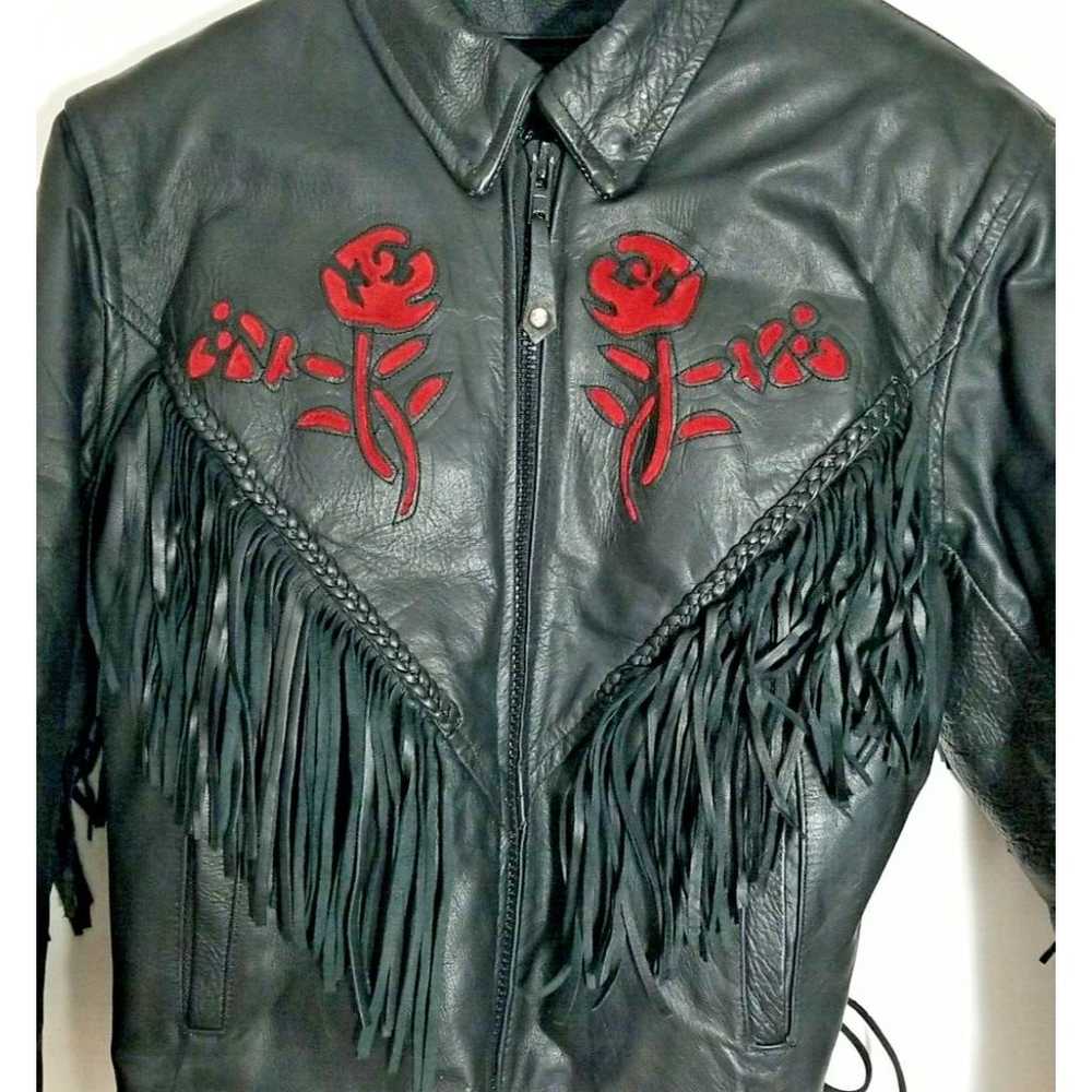 Genuine Leather LG Motorcycle Jacket Fringe Rose … - image 2
