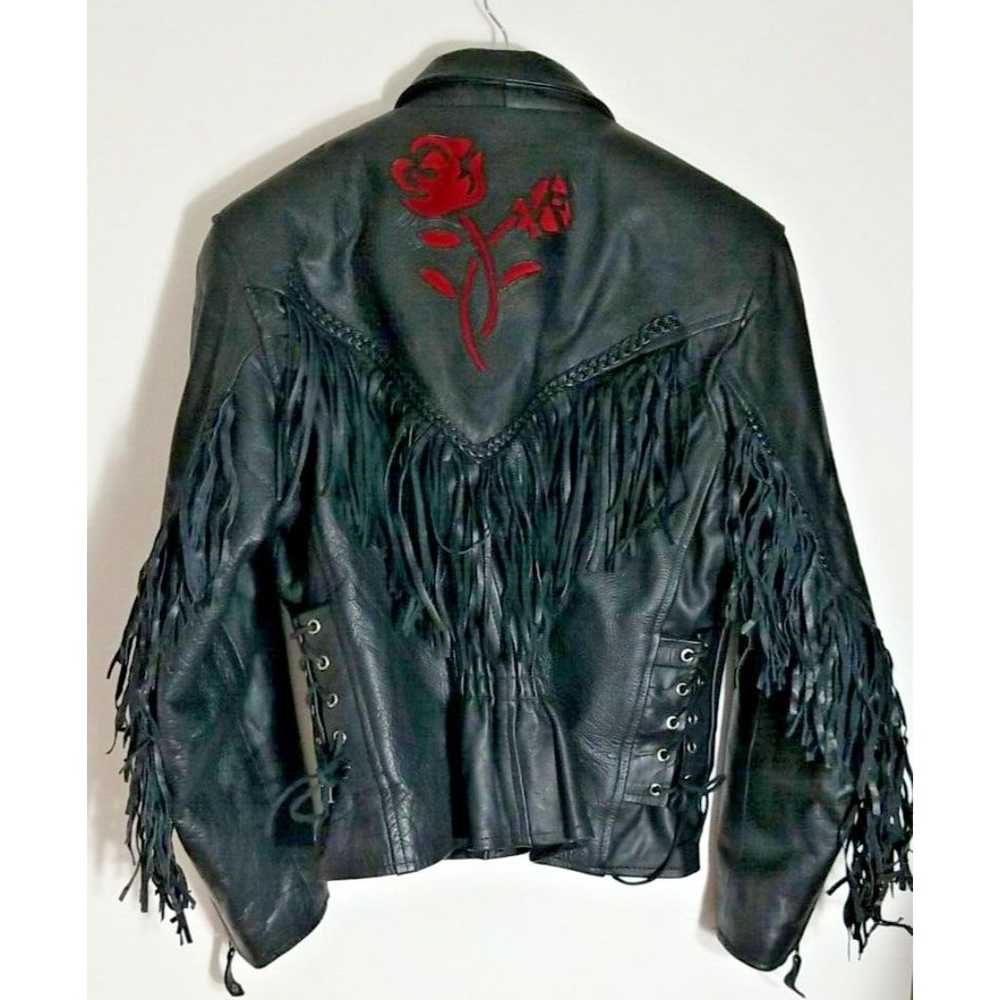 Genuine Leather LG Motorcycle Jacket Fringe Rose … - image 5