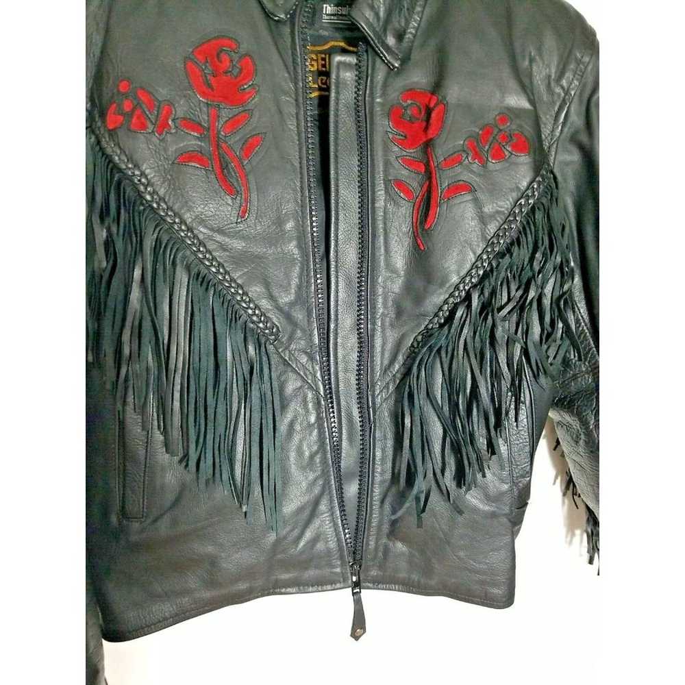 Genuine Leather LG Motorcycle Jacket Fringe Rose … - image 9