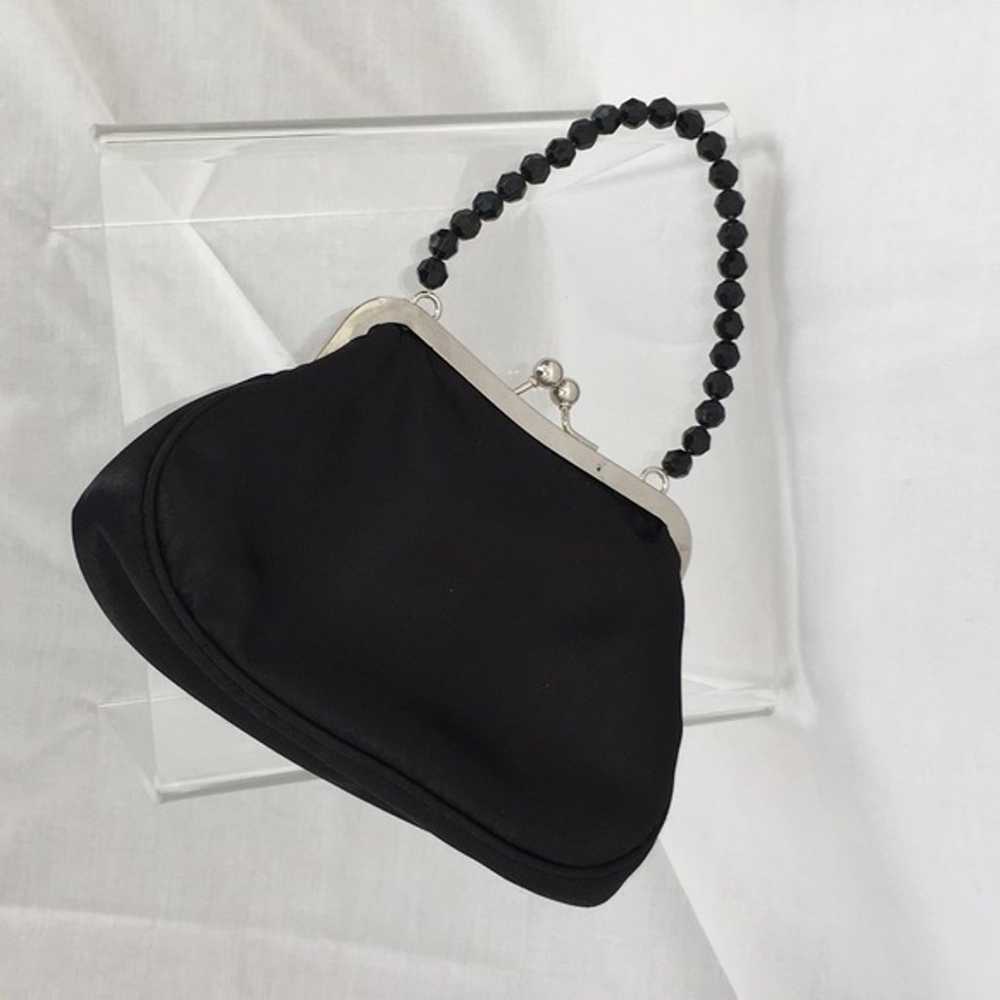 Black beaded handle silky vintage evening bag. - image 1