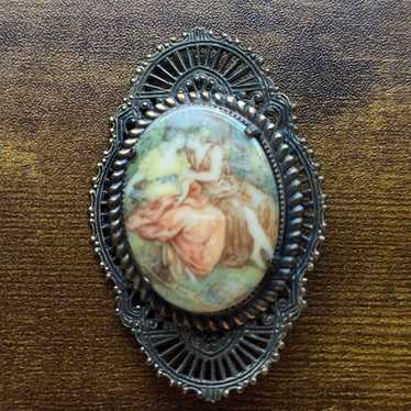 Vintage Cameo Style of Two Ladies Embracing Brooch - image 1