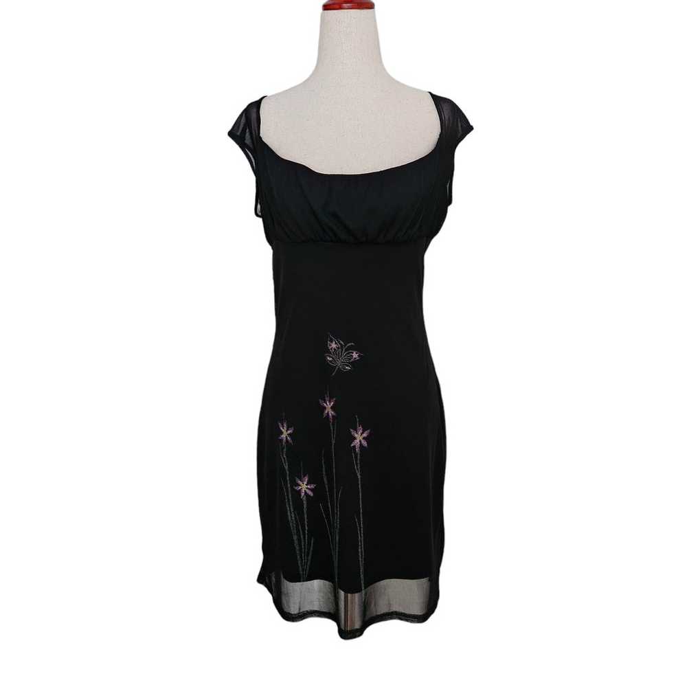 Black Mesh Floral Mini Dress Milkmaid Sleevleess … - image 1