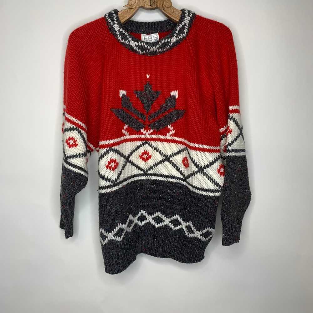 Vintage Heavy Red Cream Gray Ski Sweater Nordic S… - image 1