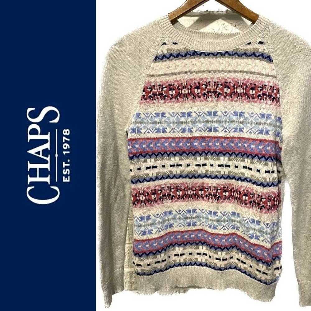 CHAPS sweater Size M Fair Isle Cotton Gray Pink B… - image 1